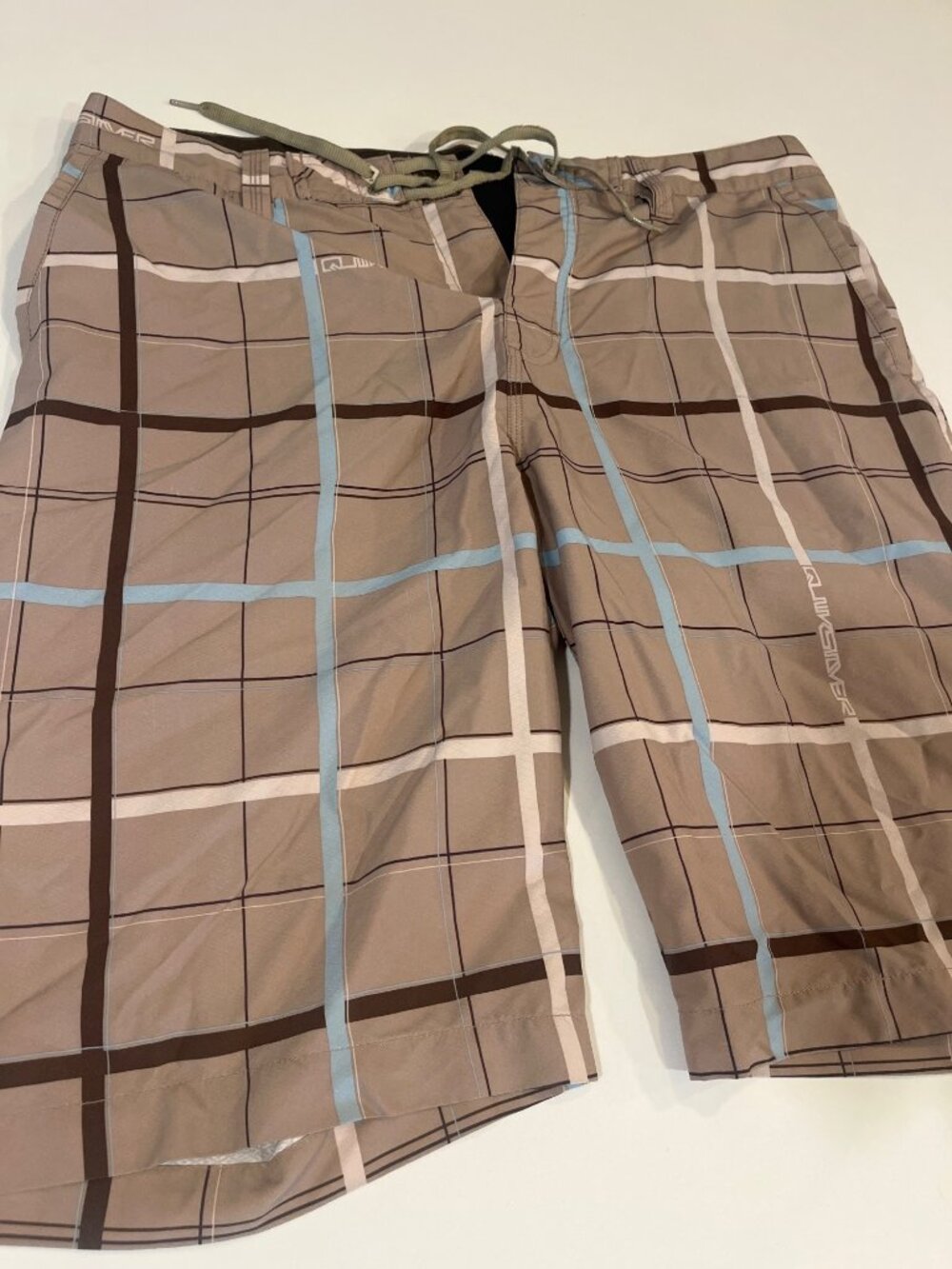 Quiksilver Plaid Board Shorts Beige Blue Brown Men’s Size 34 Swimwear Surf Beach